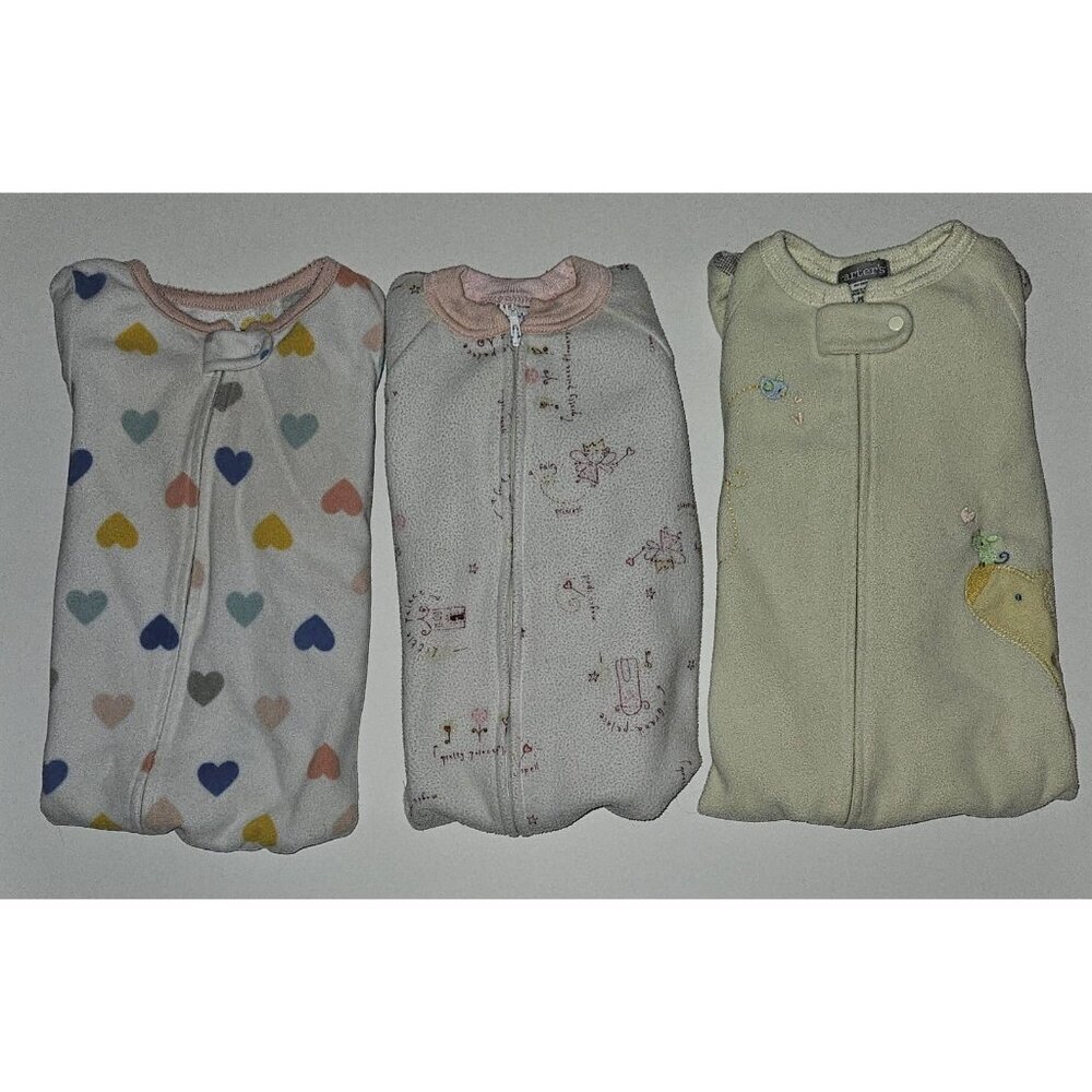 3 Carter's Fleece Footie Pajamas Lot Baby Girl 18 Months Fairy Hearts Giraffe